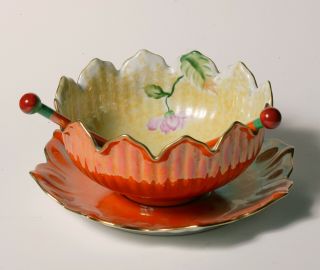 Vintage Art Deco NORITAKE LARGE SALAD BOWL SET - Flowers w/Rare Spoons 2