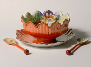 Vintage Art Deco NORITAKE LARGE SALAD BOWL SET - Flowers w/Rare Spoons 6