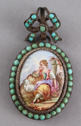 Antique French Silver & Turquoise Photo Hair Locket Miniature Enamel Painting