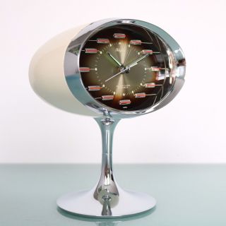 Retro Rhythm Alarm Clock Mantel 51141 Vintage Chrome Metal Pedestal Space Age