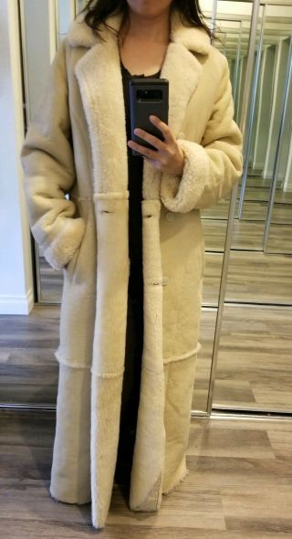Full Length Shearling Coat Double Breasted Sheepskin Trench Ivory M