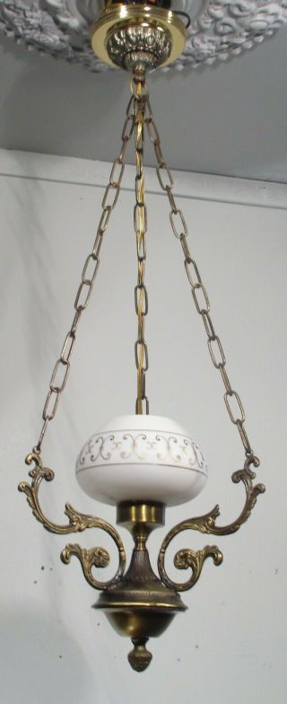 Antique Vintage Chandelier Petite Brass Glass Hanging Pendant Rewired