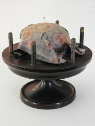 Vintage Pedestal Mahogany 5 Spools Thread Holder Display 1 Thimble Sewing Bx1 - 7