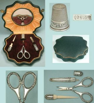 Antique Silver Sewing Set In Scallop Shell Case Germany Circa 1900s