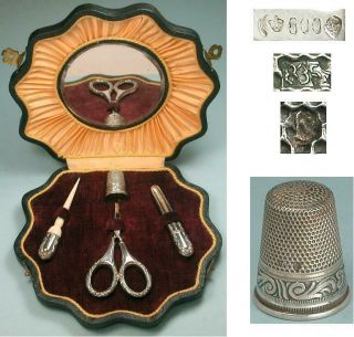 Antique Silver Sewing Set in Scallop Shell Case Germany Circa 1900s 2