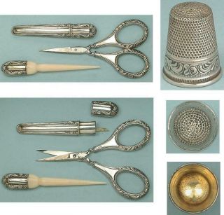 Antique Silver Sewing Set in Scallop Shell Case Germany Circa 1900s 3