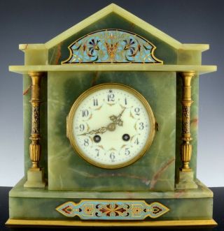 Fine Antique French Champleve Cloisonne Enamel Gilt Bronze Mantle Table Clock