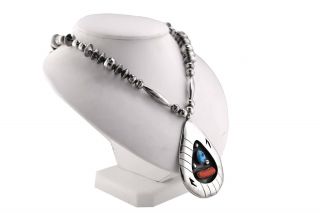 Ladies Vintage Navajo A.  White Signed Sterling Silver Turquoise Coral Necklace 2