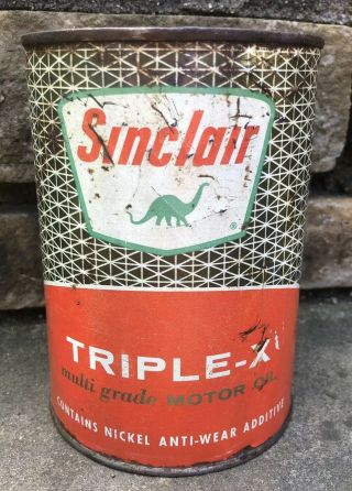 Vtg 1960s Sinclair Triple - X Motor Oil 1 Quart Oil Can Tin Rare Gas Oil Dino