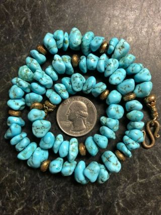 Antique Vtg 18 " Highly Polished Baby Blue Turquoise 18k Sterling Silver Necklace
