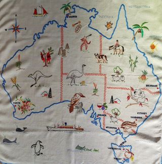 Australian Map Rare Vintage Embroidered Small Tablecloth W States/flora/fauna
