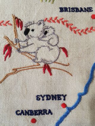 Australian MAP Rare Vintage Embroidered SMALL Tablecloth W STATES/FLORA/FAUNA 3