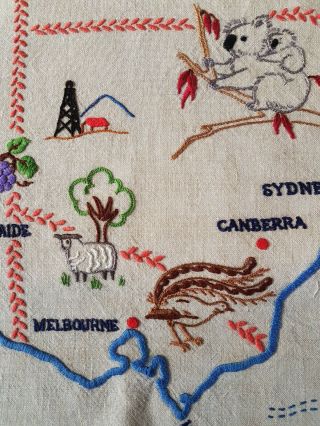 Australian MAP Rare Vintage Embroidered SMALL Tablecloth W STATES/FLORA/FAUNA 4