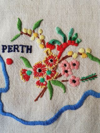 Australian MAP Rare Vintage Embroidered SMALL Tablecloth W STATES/FLORA/FAUNA 5
