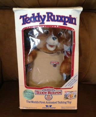 Vintage WOW 1985 TEDDY RUXPIN Bear w/ Box Books Cassette Tapes 2