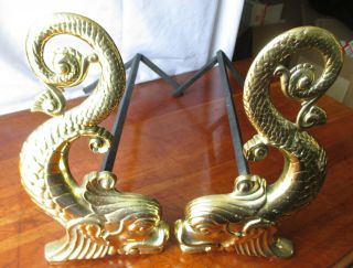 Antique Victorian Brass Dolphin Andirons Stamped " Pat Applied For " 13 " X 7 "
