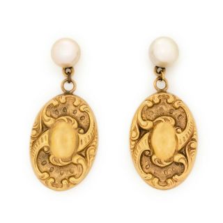 Antique Vintage Art Nouveau 14k Gold Rococo Akoya Pearl Cufflink Dangle Earrings 2