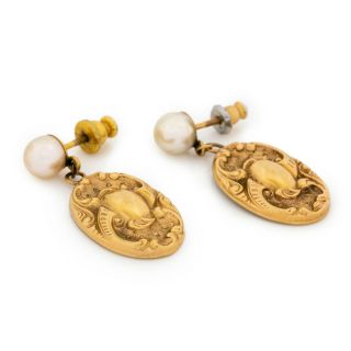 Antique Vintage Art Nouveau 14k Gold Rococo Akoya Pearl Cufflink Dangle Earrings 3