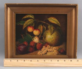 Antique 19thc Fruit Still Life Oil Painting,  Strawberries Apple Cherries Plum Nr