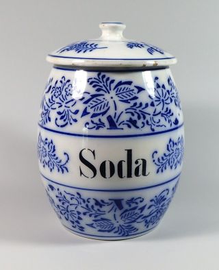Large German Flow Blue Porcelain " Soda " Onion Pattern Kitchen Spice Jar