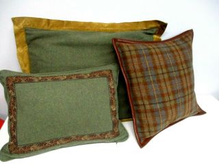 3 Vintage Ralph Lauren Wool Throw Pillows Green W Suede & Brown Plaid Leather
