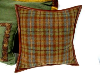 3 VINTAGE RALPH LAUREN WOOL THROW PILLOWS GREEN w SUEDE & BROWN PLAID LEATHER 2