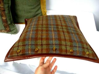 3 VINTAGE RALPH LAUREN WOOL THROW PILLOWS GREEN w SUEDE & BROWN PLAID LEATHER 3