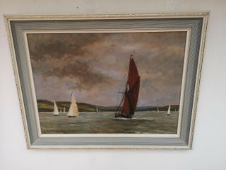 Vintage Oil Painting Of Sailing Boats Signed And Framed