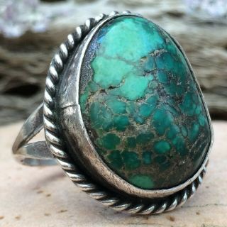 RARE VINTAGE NAVAJO STERLING SILVER GREEN SPIDERWEB TURQUOISE RING SZ 7 OLD PAWN 2