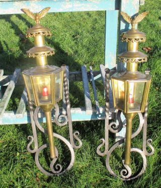 Pair Couple Antique Brass Carriage Coach Mounted Wall Lamps Eagles Wrought Iron