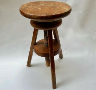 Vintage French Adjustable Height Wooden Artists Circular Stool With 3 Legs