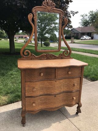 Antique Oak Dresser W/ Serpentine Front & Drawers & Beveled Mirror