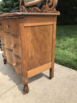 Antique Oak Dresser w/ Serpentine Front & Drawers & Beveled Mirror 5