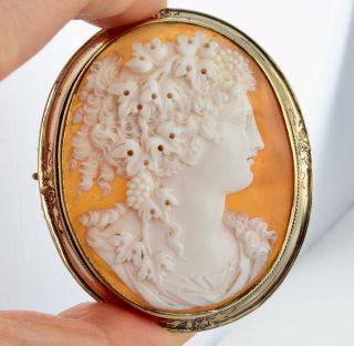 Antique Victorian Large Very Well Carved Shell Cameo Brooch Of Bacchante 1860 