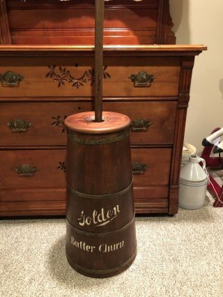 Antique Primitive Wooden Staved Butter Churn With Copper Banding