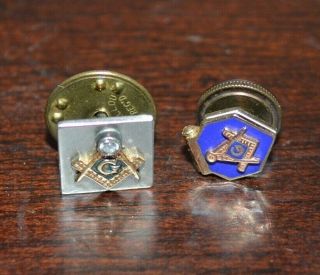 Two Vintage Freemason Masonic Pins_gold And Diamond And Gold Filled Flip Top