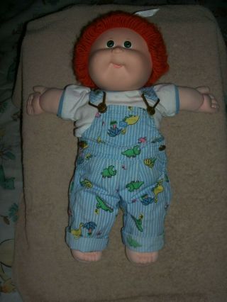 Vintage 1987 Cabbage Patch Plush Doll With Red Yarn Hair & Overalls Coleco