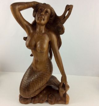 Mermaid Hand Carved From Mahogany Wood With Details (20”h By11”w By6”d).