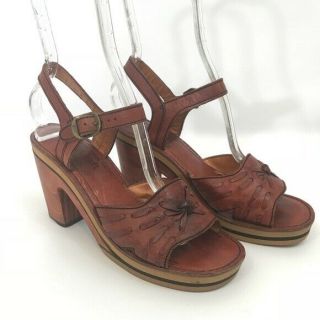 Vintage 70’s Qualicraft Wood Brown Leather Womens Heel Platform Sandals Size 7