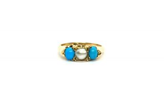 Antique Victorian 18ct Yellow Gold Turquoise & Pearl Three Stone Ring Size – M/n
