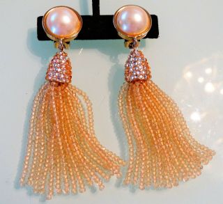 Vtg Les Bernard 4 " Peach Pink Glass Tassel Pearl Cabochon Duster Runway Earrings