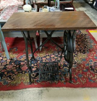 Antique Elias Howe Sewing Base Table With Single Board Barnwood Top