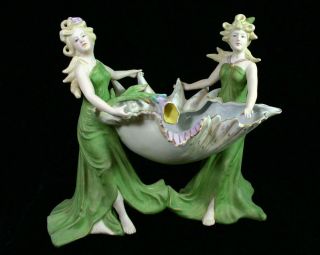 Vtg Art Nouveau Porcelain Centerpiece Figurine Sea Shell Ladies German Bisque