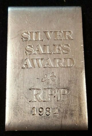 Rare 1984 Hoover & Strong Silver Sales Award Rpp 5 Oz Silver Bar 25 Mintage