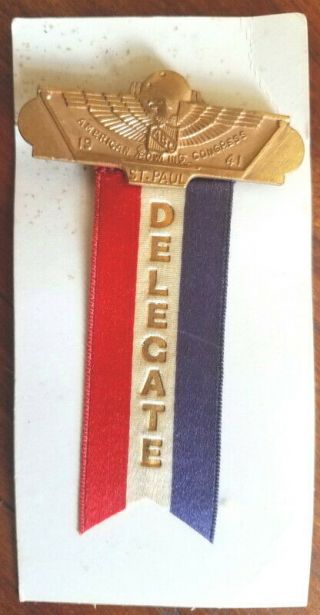 1941 American Bowling Congress Convention Delegate Brass Pin & Ribbon