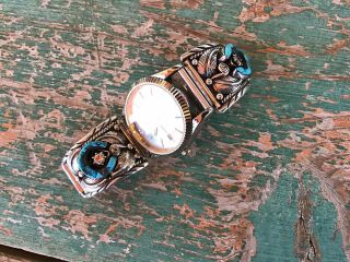 Ornate Vintage Navajo Silver Turquoise Diamonds ? Watch Band Bracelet N R.