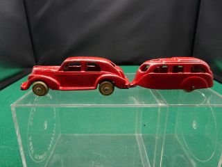 Vintage Hubley Cast Iron Red Sedan W/ Red Travel Trailer 6 - 1/2” Ol
