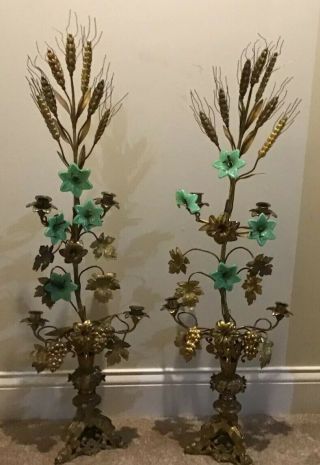 2 Antique French Alter Candelabra Bronze With Green Flowers