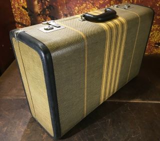 Vintage Hard Stacking 21 " Suitcase,  Tweed Stripes,  Blue Lining,  With Keys