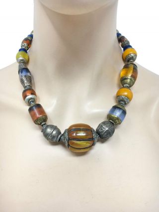 Vintage African Nigerian Amber Lapis Lazuli Brass Silver Plated Copper Necklace